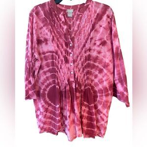 Chico’s Sz 2/M/12 Pink Cotton Tie-Dye Relaxed Fît Button Pleated Front Tunic